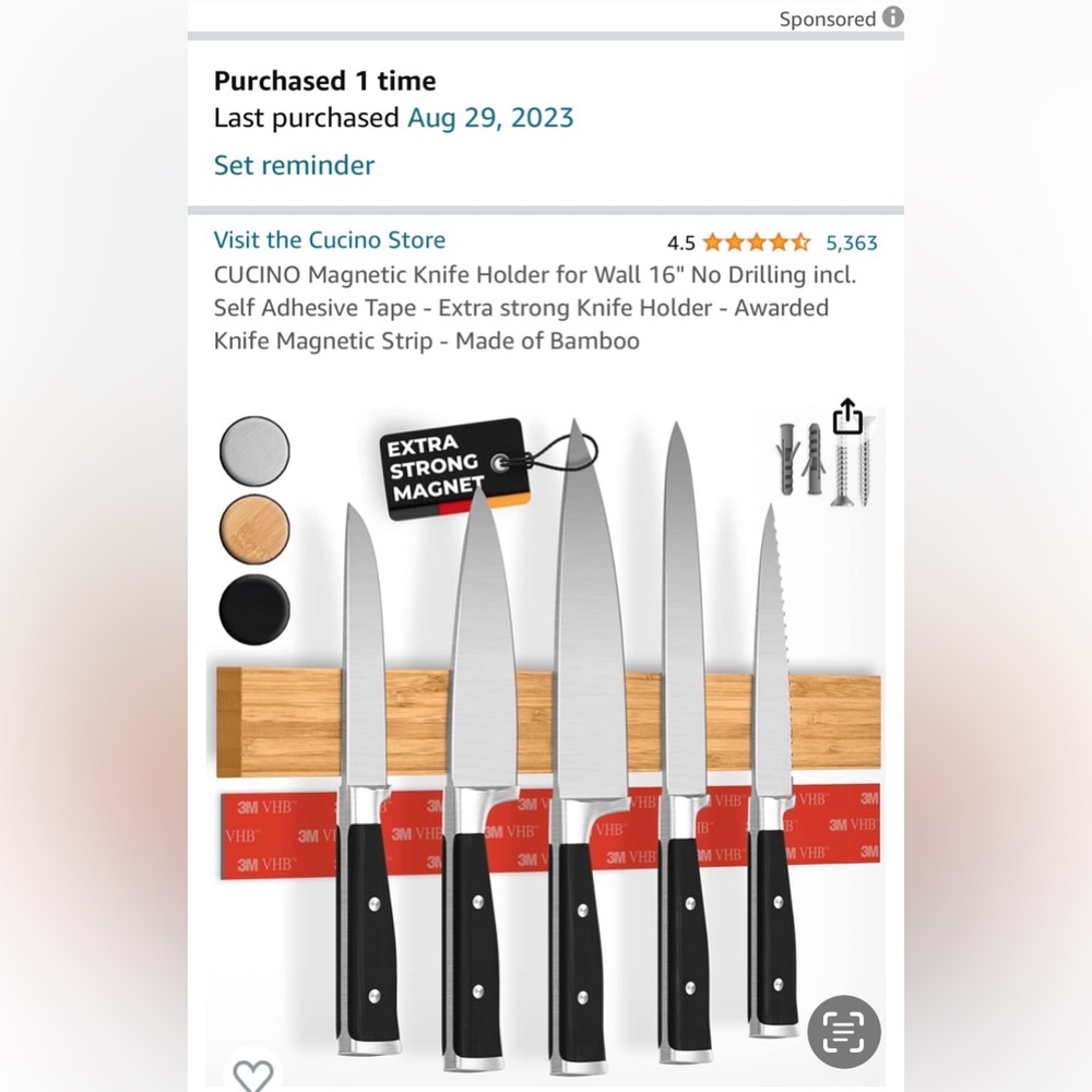 NEW. Magnetic knife holder for wall. 16 inches. Bamboo color.